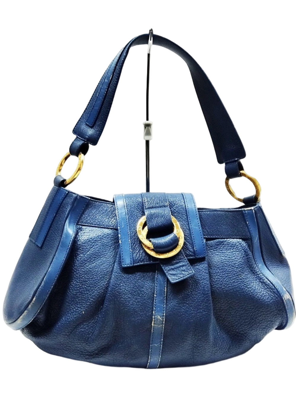 Bulgari Navy Blue Leather Satchel with Gold Ring Hardware Rehab Project